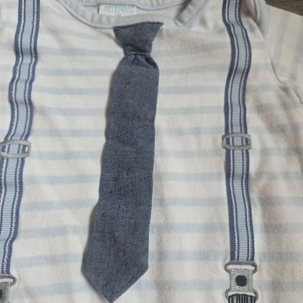 Edgehill Collection Baby Boy 3M Footie Sleeper Faux Tie Suspenders Striped Blue
